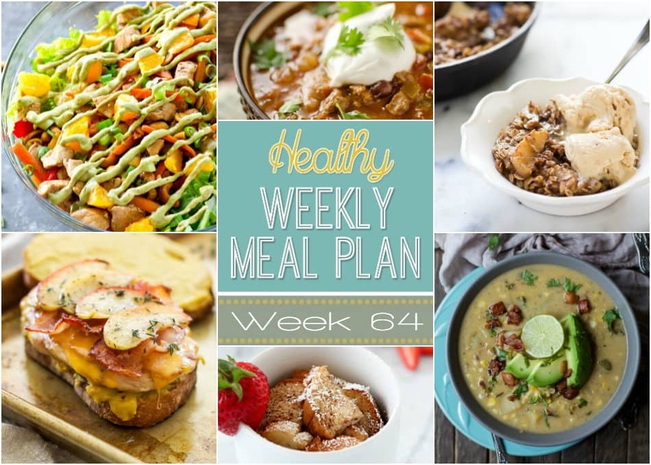 Healthy Weekly Meal Plan #64 - plan out your healthy dinners for the week! Plus we've thrown in a healthy breakfast, lunch, snack and dessert recipe, too! Can't wait for you to try these recipes!
