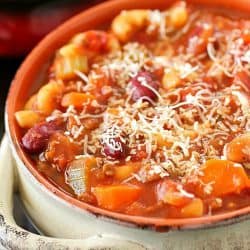 Pasta e Fagioli, which means pasta & beans in Italian, is an easy soup recipe full of beans, ground beef, a little bit of pasta and a lot of flavor! This Olive Garden copycat is a great dinner recipe for any night of the week!