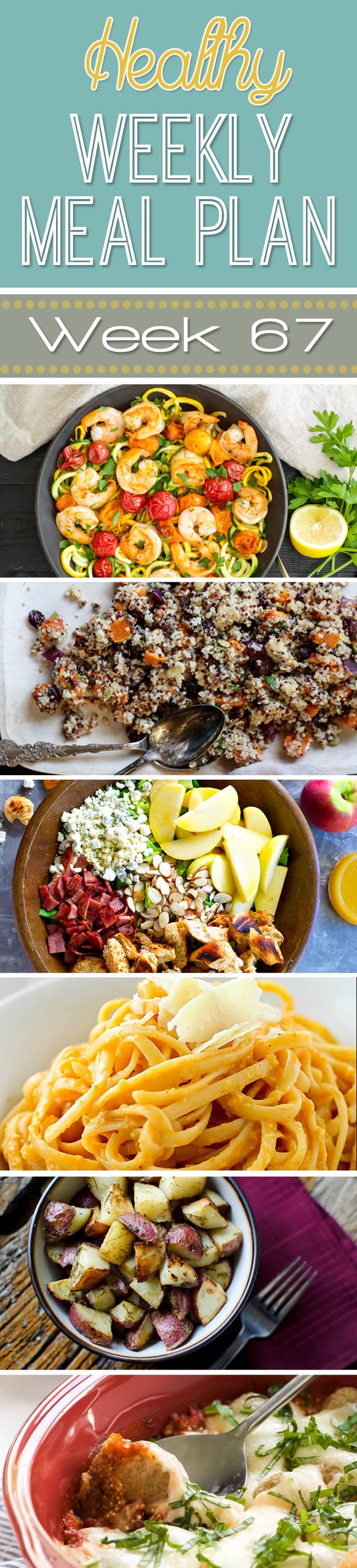 Our Healthy Weekly Meal Plan is full of delicious dinner recipes plus a healthy breakfast, lunch, side dish and dessert recipes all for you to try out! You will love these creative and healthy recipes we bring every week! Week #67 is full of healthier spins on some classics!
