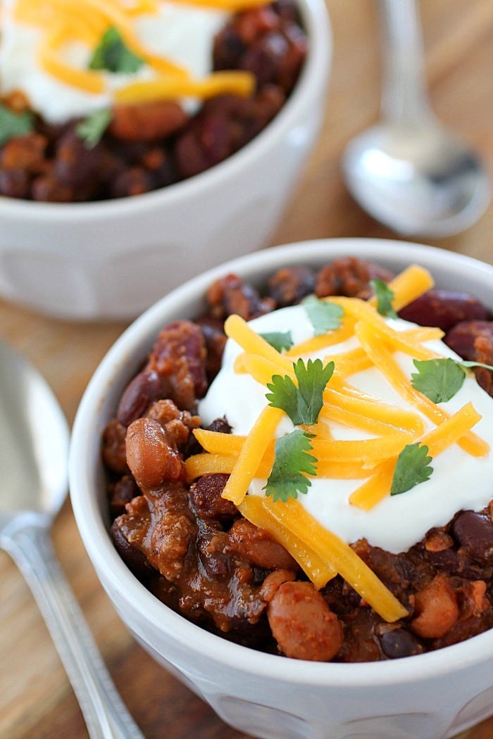 Crock Pot Three Bean Chili that is packed with flavor! You will love this easy chili cooked right in the slow cooker!