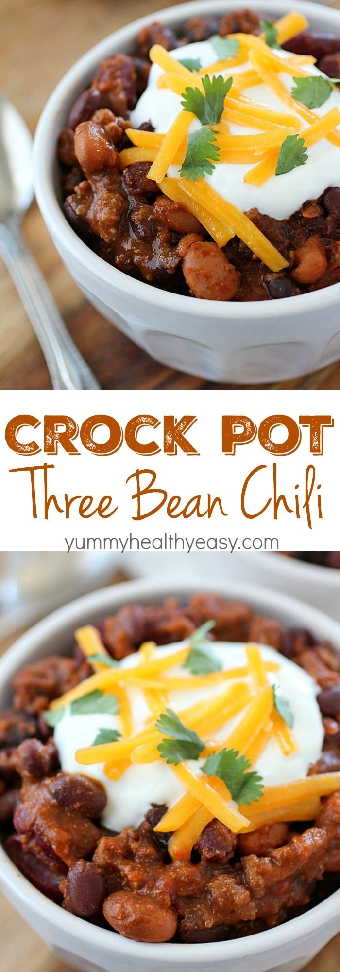 Crock Pot Three Bean Chili that is packed with flavor! You will love this easy chili cooked right in the slow cooker!