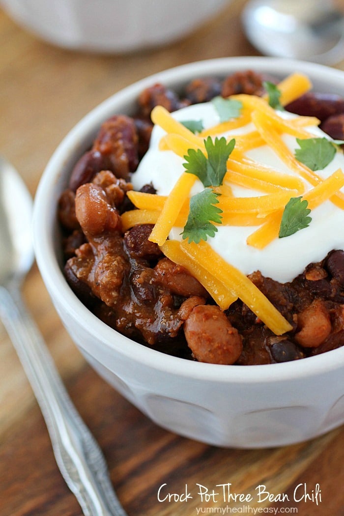 Crock Pot Three Bean Chili that is packed with flavor! You will love this easy chili cooked right in the slow cooker!