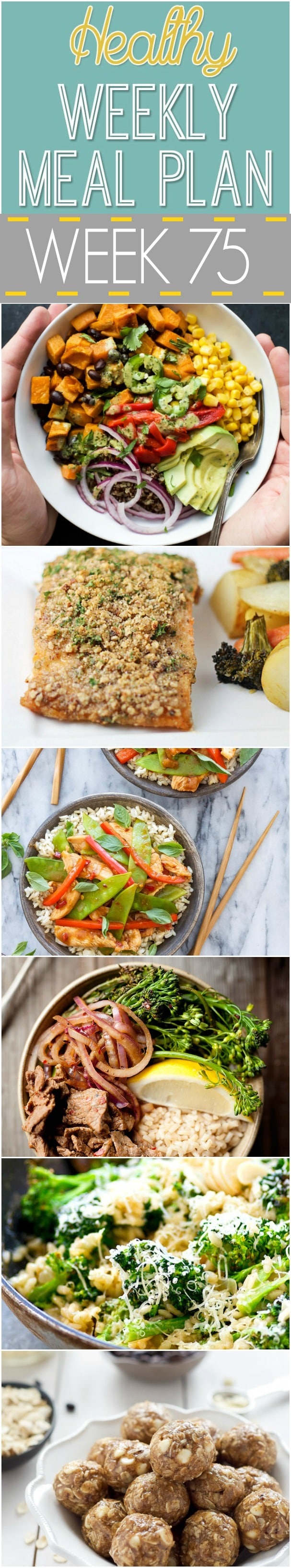 Check out the recipes in this week's Healthy Weekly Meal Plan #75! There's a healthy dinner recipe for every day plus a healthy breakfast, lunch, side dish and even dessert recipe too! Make your life easier by planning out your recipes a week at a time!