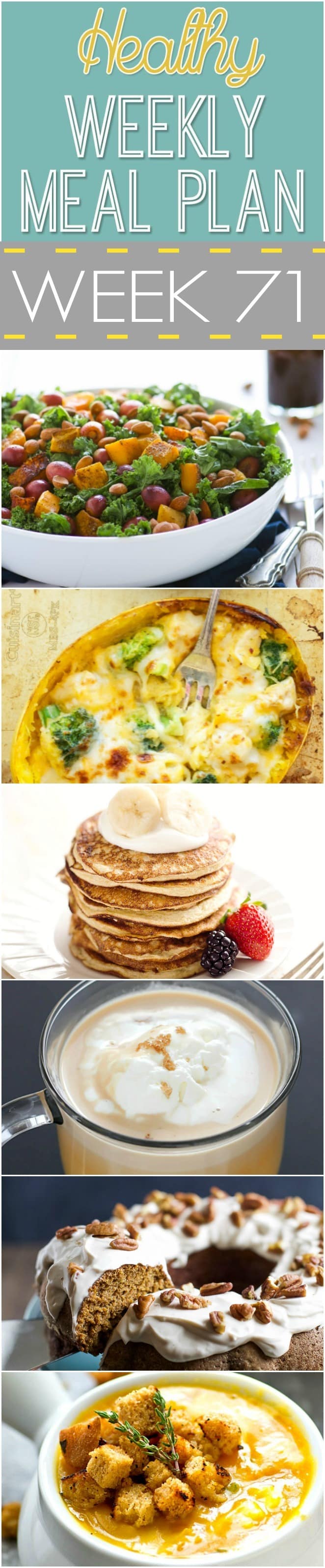 If you're stuck in a dinner rut, try this Healthy Weekly Meal Plan! It includes a dinner for every night of the week plus a healthy breakfast, lunch, side dish and dessert for you to try! It's up on yummyhealthyeasy.com every Saturday morning!