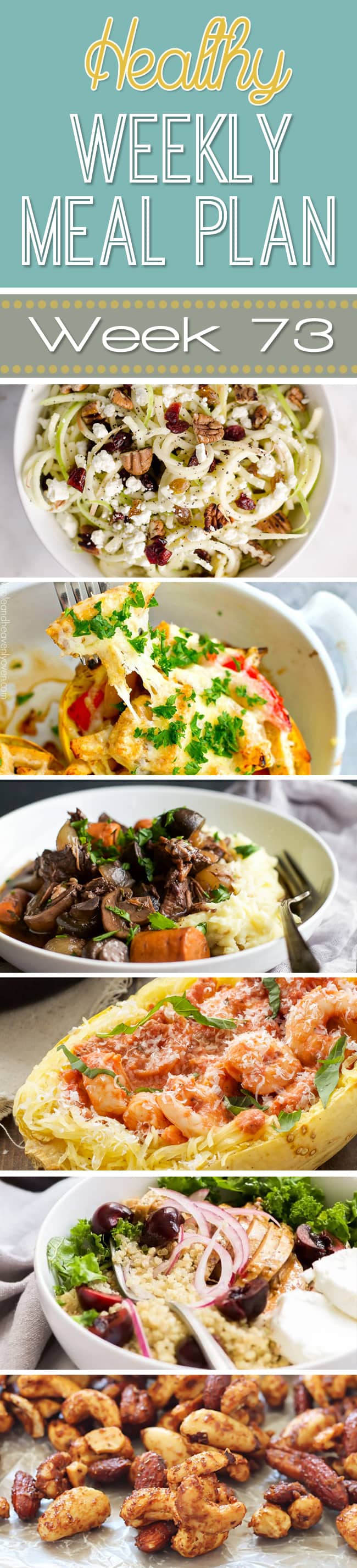 Plan out your meals for the week with our Healthy Weekly Meal Plan #73! We choose the perfect healthy dinners every week to mix things up and add in a healthy breakfast, lunch, side dish and snack, too! Make your week smoother by planning your meals out ahead of time!