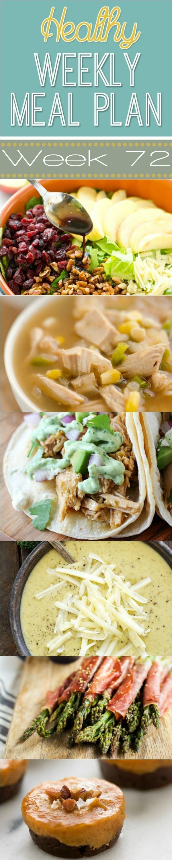 Plan your meals out ahead of time to save time & money! This Healthy Weekly Meal Plan gives you a new healthy dinner recipe every night plus a healthy breakfast, lunch, side dish & dessert. Different recipes every week for you to try!