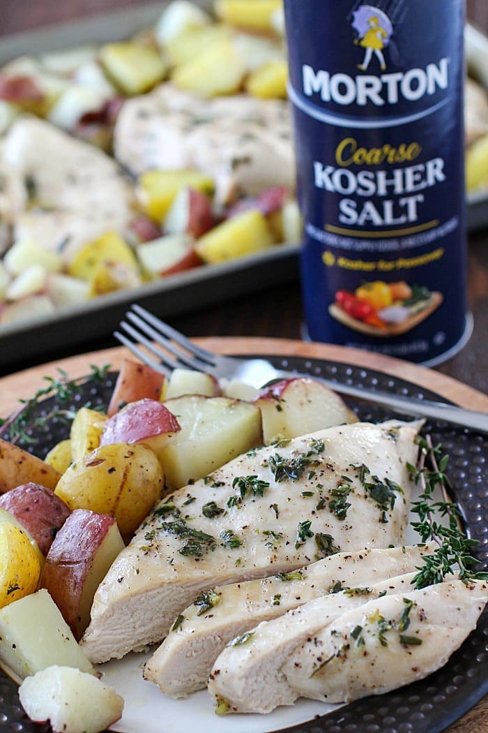One-Pan Herb Baked Chicken and Potatoes makes making dinner a breeze! Chicken and potatoes are coated in a delicious salty herb rub and baked in one pan. The baked chicken is tender and juicy and the potatoes have so much flavor. This is an easy dinner everyone will love! AD
