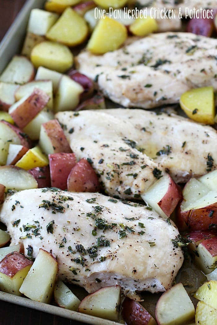 One-Pan Herb Baked Chicken and Potatoes makes making dinner a breeze! Chicken and potatoes are coated in a delicious salty herb rub and baked in one pan. The baked chicken is tender and juicy and the potatoes have so much flavor. This is an easy dinner everyone will love! AD