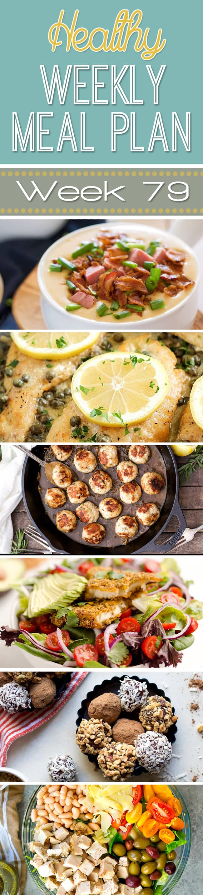 Ready for another incredible Healthy Weekly Meal Plan? Week #79 is full of healthy entrees for every night of the week, and also includes a breakfast, lunch, side dish, snack and dessert recipe for you, too! There's a vegetarian option and varying chicken, beef and pork recipes as well. Time to get meal planning!