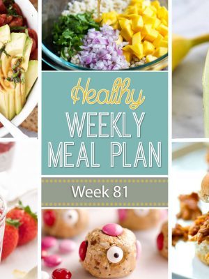 Healthy Weekly Meal Plan #81 is a menu plan built custom every week to help you eat healthier and make life easier! You will love the variety of dinner recipes. Also included are a healthy breakfast, lunch, side dish, snack and dessert to make throughout the week. Enjoy!