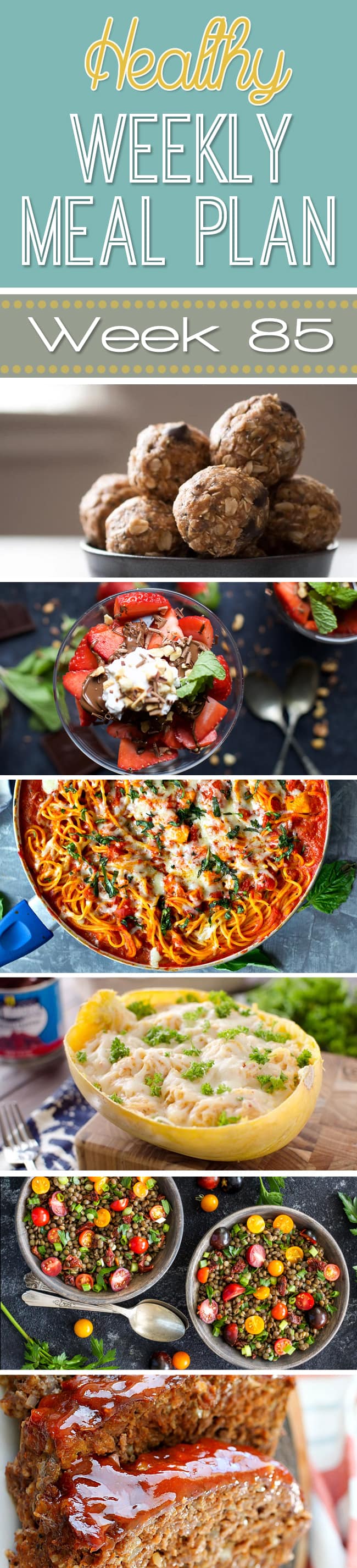 This week's Healthy Weekly Meal Plan #85 is full of delicious dinner recipes every night of the week as well as a healthy breakfast, lunch, side dish and dessert, too! You will love the variety of all the healthy meals this week!