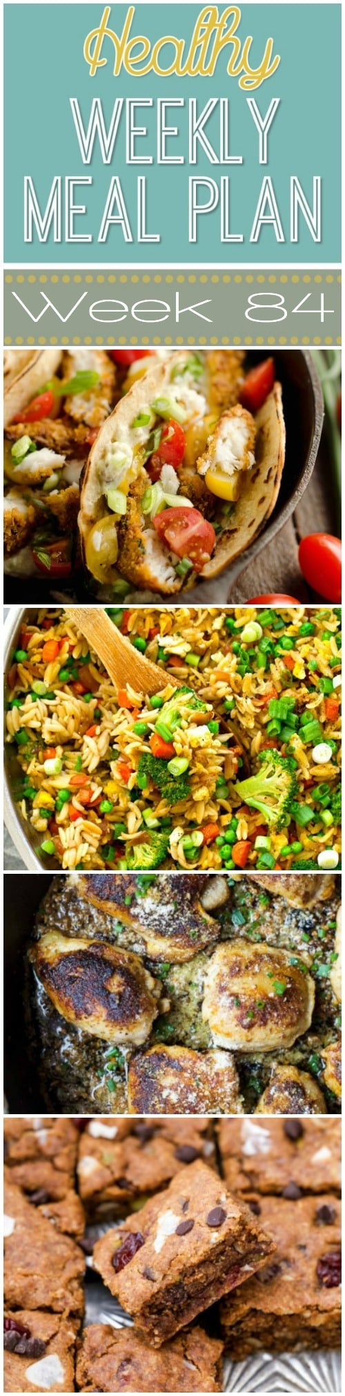 Healthy Weekly Meal Plan #84 has a healthy dinner recipe for every night of the week plus an extra breakfast, snack and dessert recipe too! You will definitely enjoy these recipes!