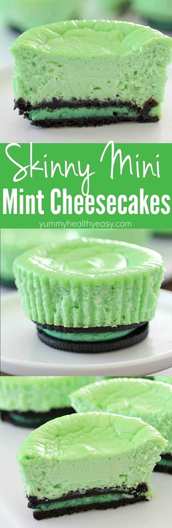 Skinny Mini Mint Cheesecakes with an Oreo crust! This lighter mint cheesecake recipe is super easy to make and you only need a few ingredients to whip up a batch. These cute cheesecakes have less calories than a regular cheesecake plus built-in portion control with the muffin size!