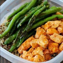 Be prepared to eat healthy for the week by making your meals in advance! These Meal Prep Baked Lime Chicken Bowls are not just healthy but also delicious! Chicken breasts are cubed and marinated in a chili-lime marinade and then baked and paired with quinoa and green beans for make-ahead healthy meals!