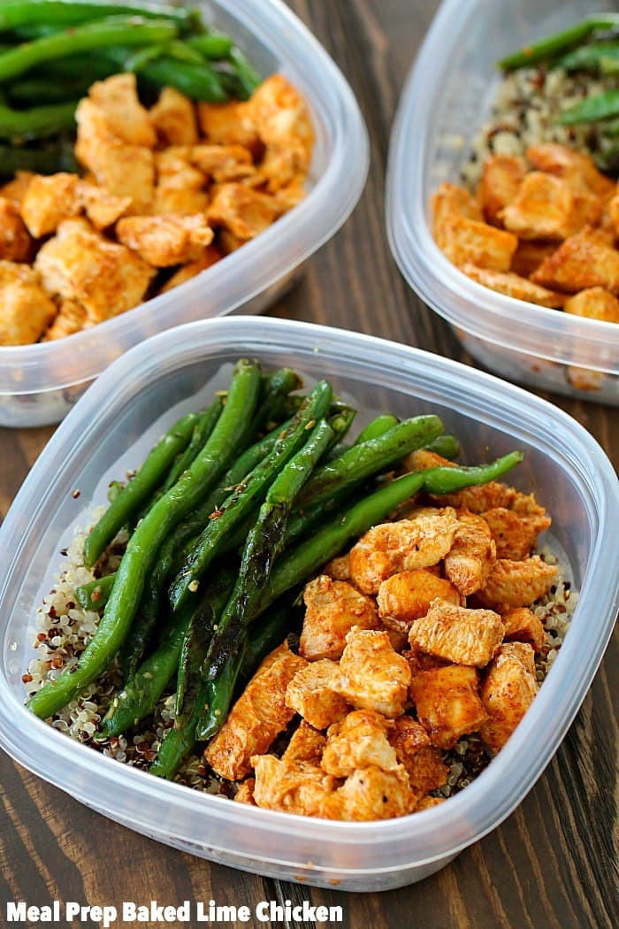Be prepared to eat healthy for the week by making your meals in advance! These Meal Prep Baked Lime Chicken Bowls are not just healthy but also delicious! Chicken breasts are cubed and marinated in a chili-lime marinade and then baked and paired with quinoa and green beans for make-ahead healthy meals!