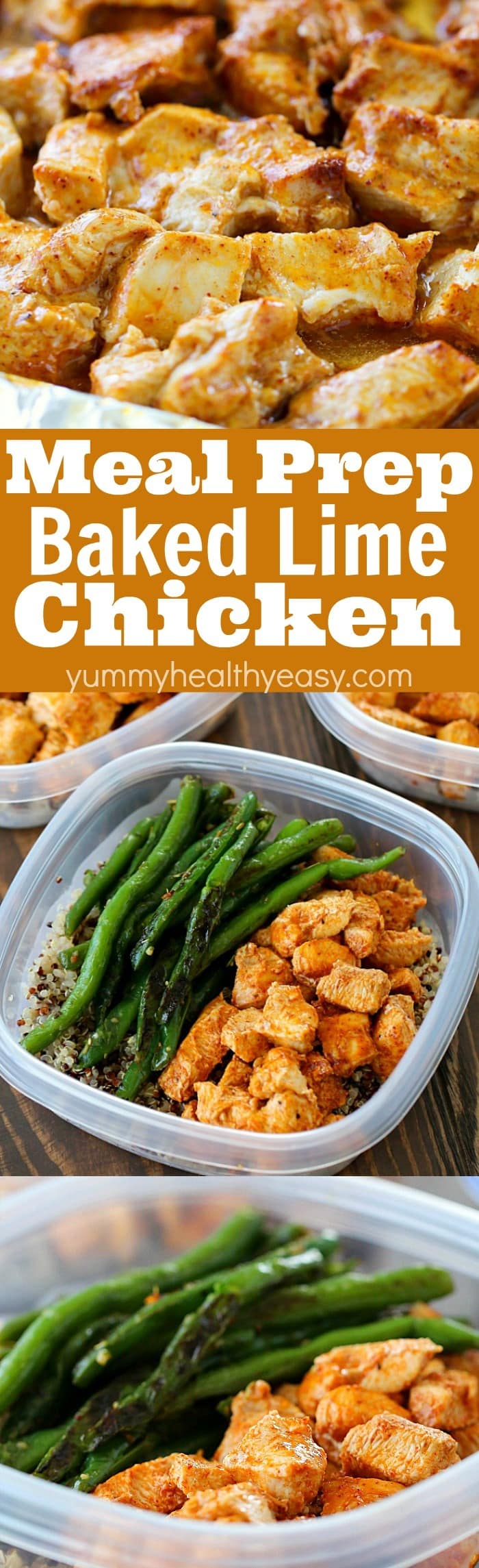 Be prepared to eat healthy for the week by making your meals in advance! These Meal Prep Baked Lime Chicken Bowls are not just healthy but also delicious! Chicken breasts are cubed and marinated in a chili-lime marinade and then baked and paired with quinoa and green beans for make-ahead healthy meals!