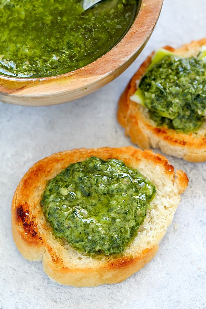 Italian Salsa Verde to serve over crispy baguette slices or meat!