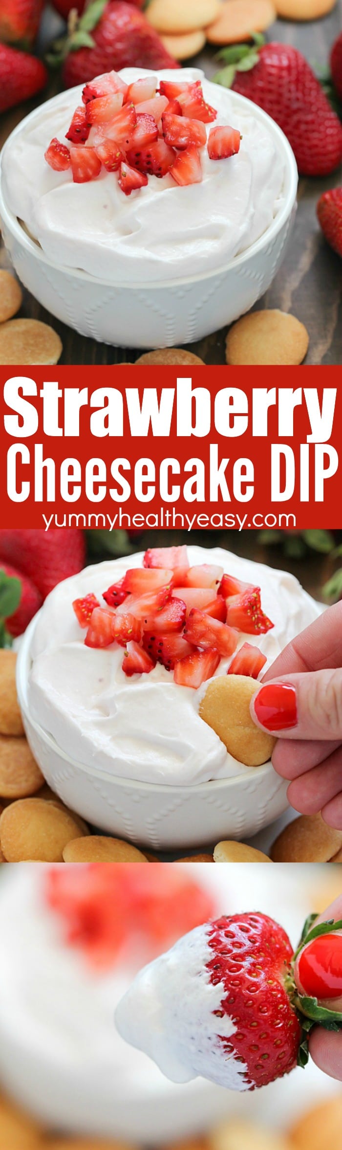 This Strawberry Cheesecake Dip is a creamy fruit dip that's full of strawberry cheesecake flavors but without all the calories of traditional cheesecake!
