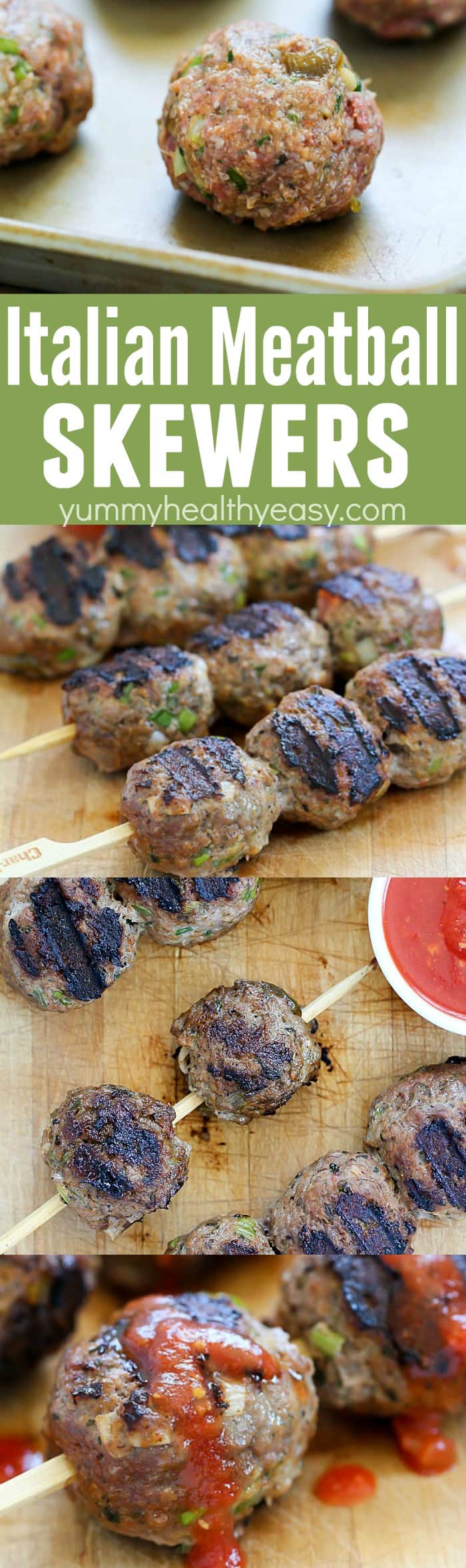 These flavorful Italian Meatballs are skewered onto sticks and grilled. This versatile dinner can be dipped in pasta sauce for a delicious low carb dinner, served on rolls for meatball sandwiches or over spaghetti! AD