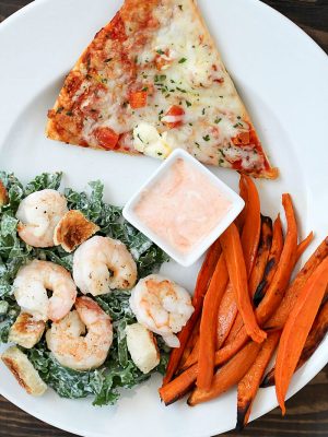 Baked Sweet Potato Fries and Shrimp Kale Caesar Salad