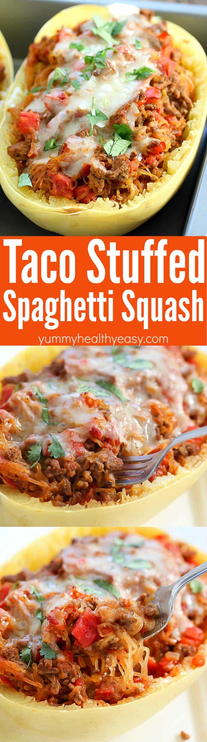 Satisfy your taco craving with a lower carb version with this Taco Stuffed Spaghetti Squash! All the yumminess of tacos mixed with spaghetti squash for a satisfying, low carb dinner!