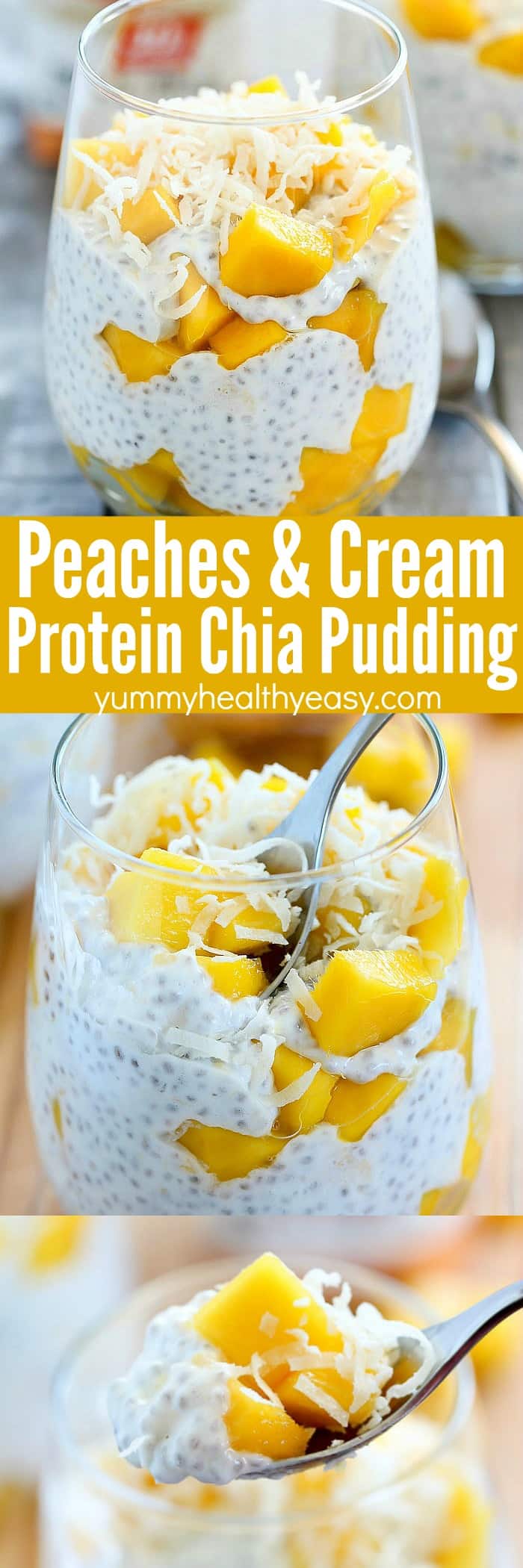 Looking for a healthy but delicious treat? Try this Peaches and Cream Protein Chia Pudding Recipe! Only 4 ingredients and SO GOOD! Filled with chia seeds, protein, greek yogurt and fruit, this chia pudding is super easy to make and delicious! You won't want to miss this super easy recipe! #chiapudding #healthydessert #healthysnack #protein #peachesandcream #lowcalorie #healthy #highprotein