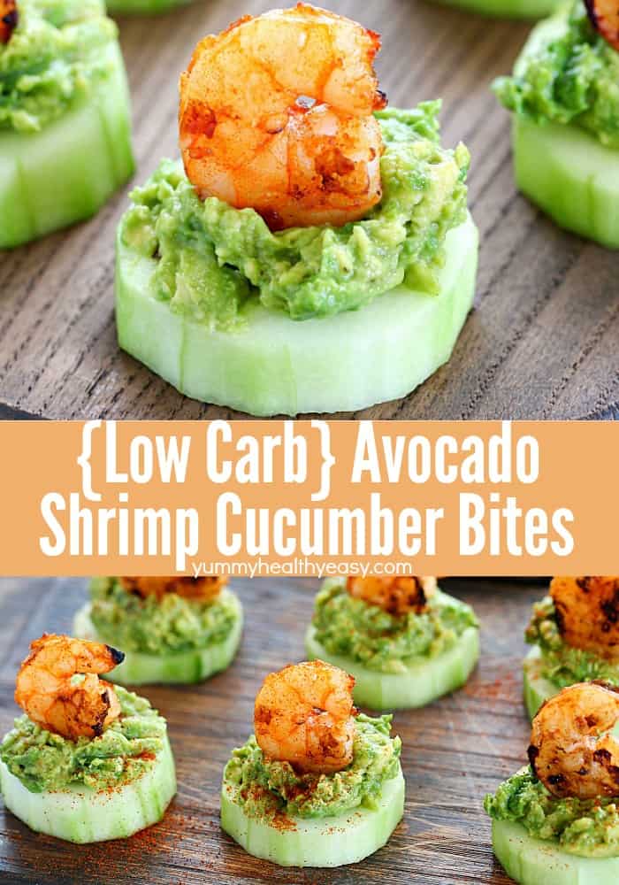 This Low Carb Avocado Shrimp Cucumber Appetizer has a base of sliced cucumber, then mashed avocado and topped off with spicy grilled shrimp. SO good and easy! #AD