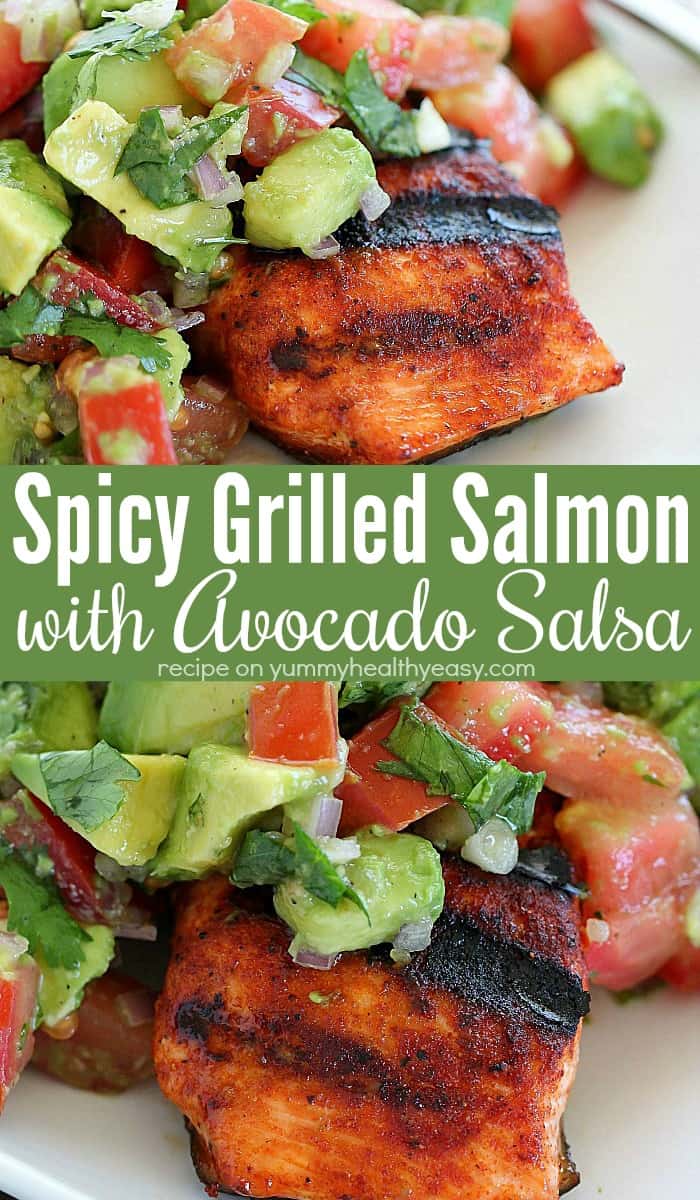 The whole family will go crazy for this Spicy Grilled Salmon with Avocado Salsa! Coat the salmon with an easy to make, sweet & spicy rub. Then throw the seasoned salmon fillets on the grill and whip up an easy Avocado Salsa to top this Spicy Grilled Salmon off with. This is an easy, healthy salmon dinner that is sure to please! #easydinnerrecipe #salmon #salmonrecipe #healthydinner #grillrecipe #grilledsalmon #spicysalmon #spicy #avocado #avocadosalsa #dinnertime #dinner #bbqrecipe