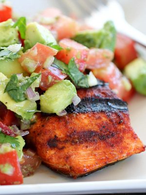 Need a quick & easy dinner for tonight? Whip up this Spicy Grilled Salmon with Avocado Salsa in no time!