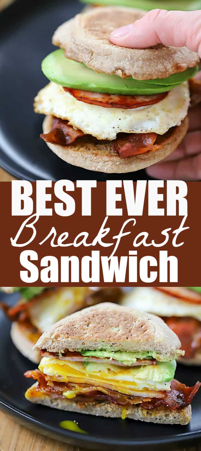 Start your morning off right with this Egg, Bacon and Avocado Breakfast Sandwich! A buttered whole wheat english muffin filled with crispy bacon, canadian bacon, fried egg and avocado. So yummy and definitely the best breakfast recipe ever! #recipe# breakfast #breakfastrecipe #sandwich #easy #bacon #eggs #avocado #bestever