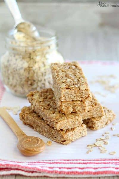 Stacked No-Bake Peanut Butter Honey Granola Bars + 43 Healthy Snack Ideas