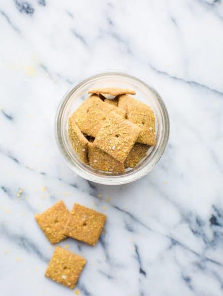 Overhead view of Sourdough Cheese Crackers in a jar.