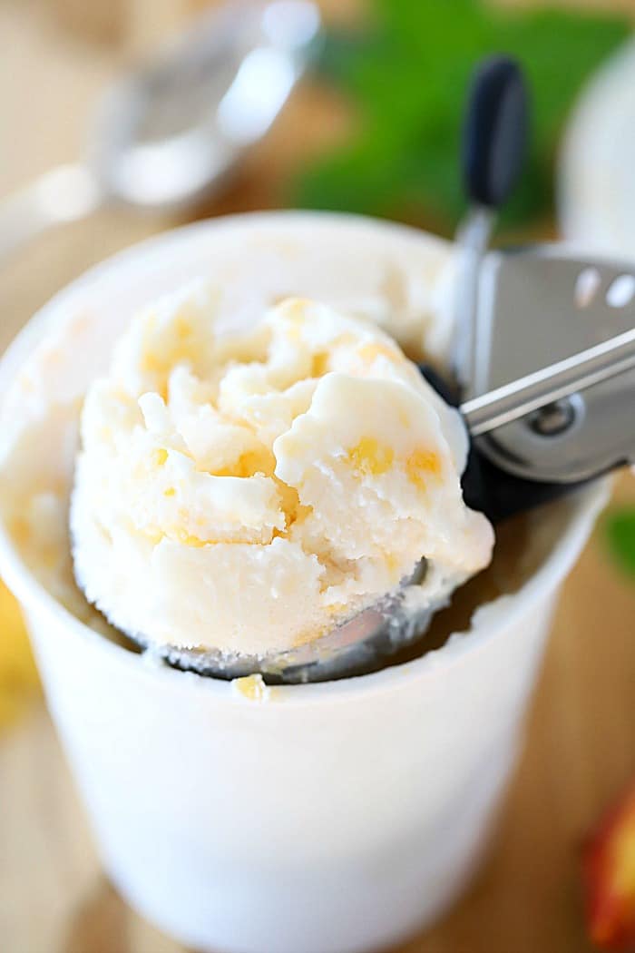 A large scoop of frozen yogurt sitting on top of a white 1 pint ice cream container.