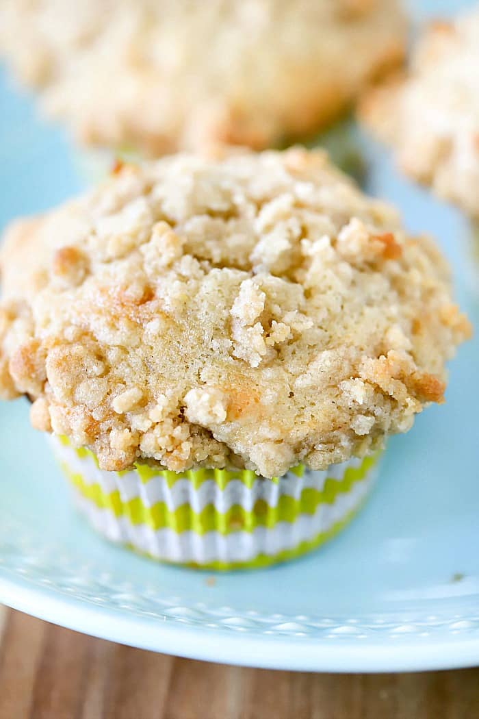 Close up photo of the top of a muffin on a blue plate.