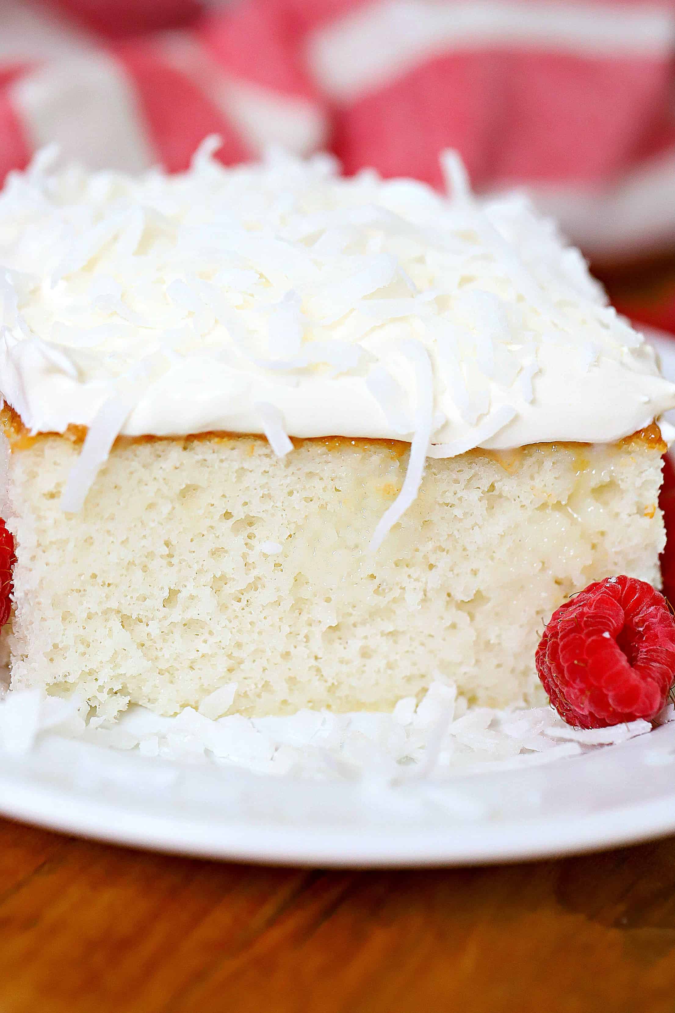 close up photo of coconut cream cake.