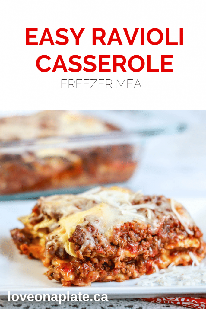 Slice of Ravioli Casserole on a dish with a casserole pan behind it.