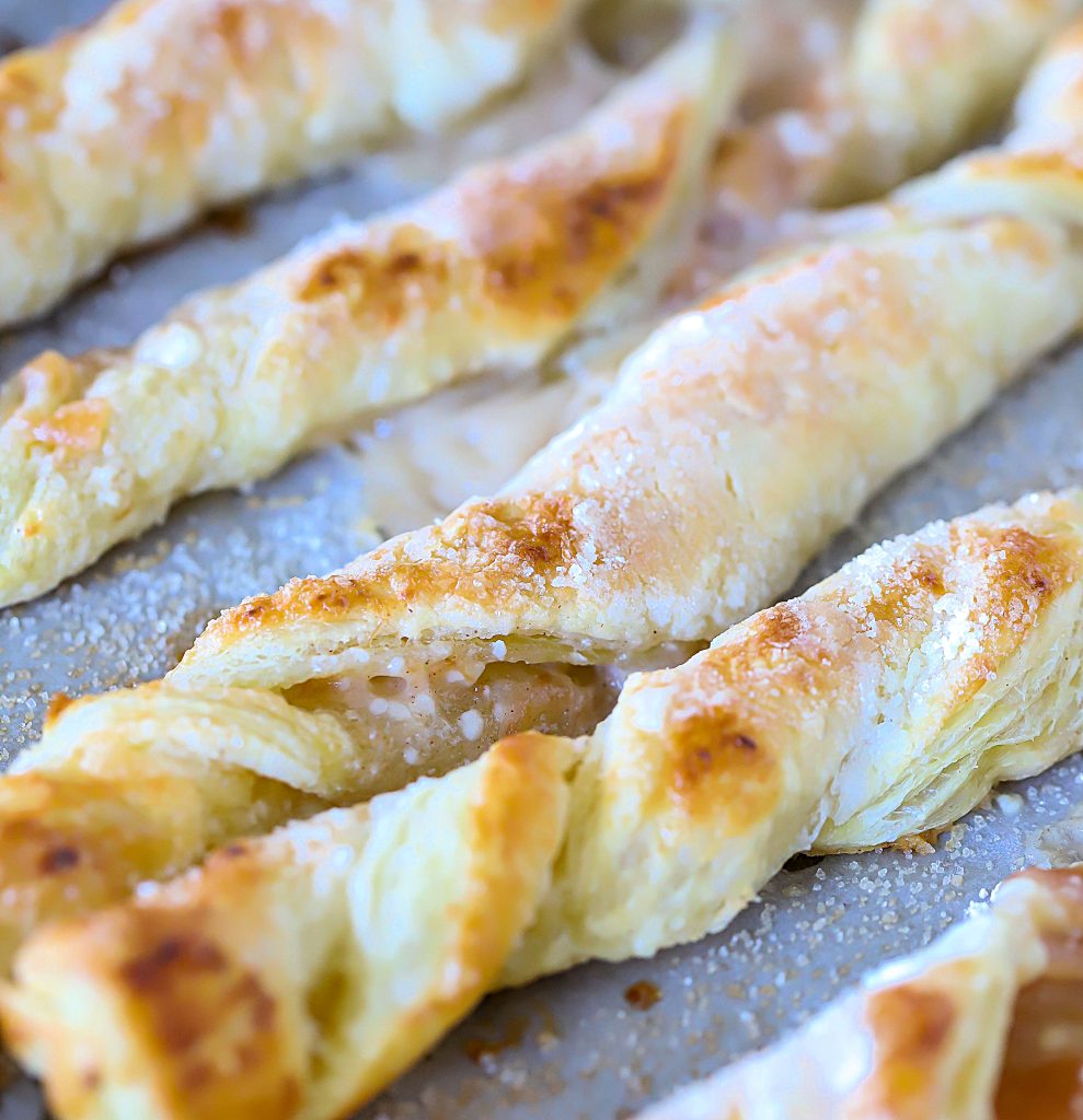 Strudel Twists on a baking sheet fresh from the oven.